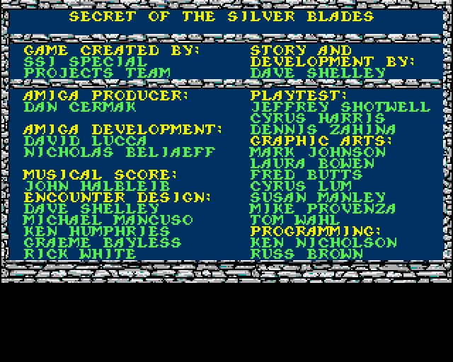 Secret of the Silver Blades (Amiga) screenshot: Credits SSI