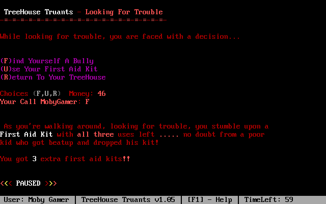 Treehouse Truants (DOS) screenshot: A positive random encounter, not combat, but... goodies! Just when I needed healing, too.