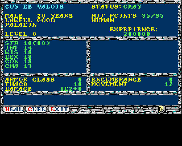Secret of the Silver Blades (Amiga) screenshot: Character statistics
