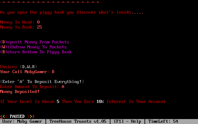 Treehouse Truants (DOS) screenshot: How does the piggy bank generate interest? Let us ponder that one for a while...
