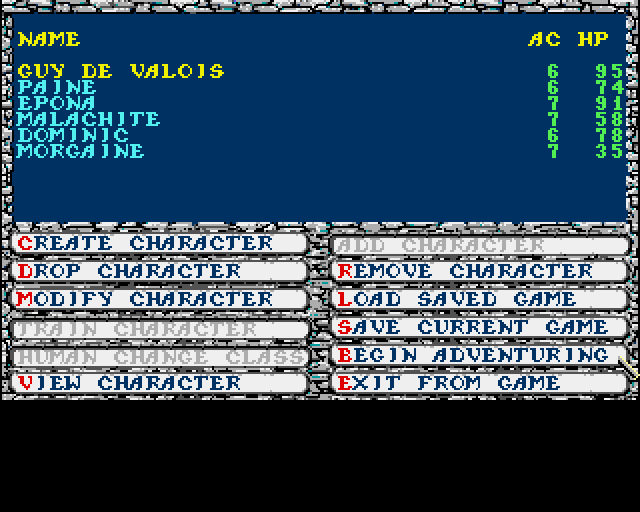 Secret of the Silver Blades (Amiga) screenshot: Main menu