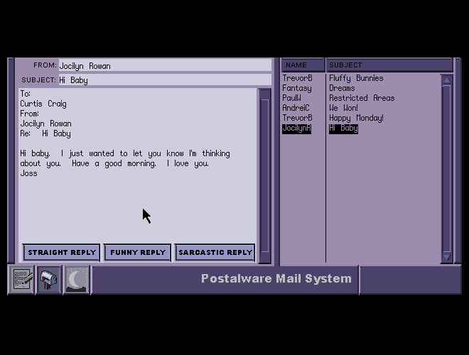 Phantasmagoria: A Puzzle of Flesh (Windows) screenshot: replying to emails is always a fun, plus there are many directories to deal with, beside.