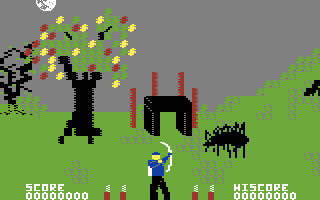 Forbidden Forest (Commodore 64) screenshot: Incoming giant spider!