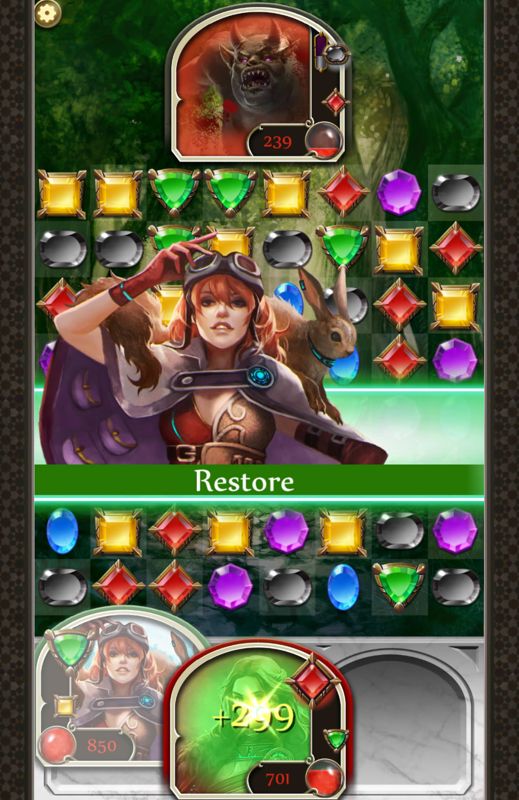Puzzle & Glory (Android) screenshot: Lorelei uses her Restore skill to heal a party member.