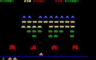 Clone Invader (DOS) screenshot: Blasting invaders... (EGA)