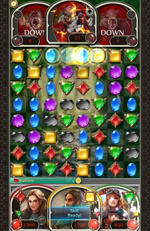 Puzzle & Glory (Android) screenshot: A match of four blue gems has been created.