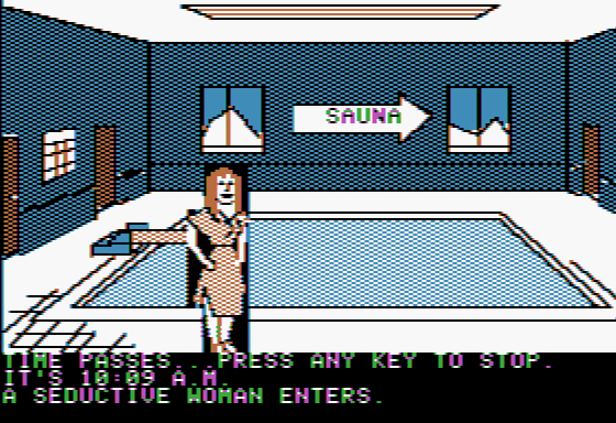 The Alpine Encounter (Apple II) screenshot: Waiting by the pool