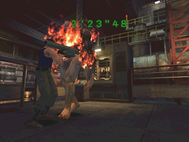 Resident Evil 2 (Windows) screenshot: Mr. X doesn't know the meaning of 'quit'. Or the meaning of 'stop hitting me!' for that matter...