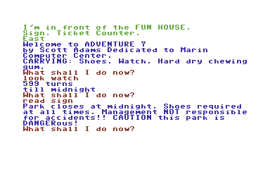 Mystery Fun House (Commodore 64) screenshot: The sign says that the park is dangerous
