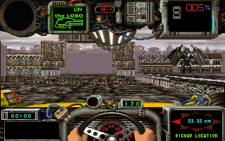 Quarantine II: Road Warrior (DOS) screenshot: Driving on the rooftops.