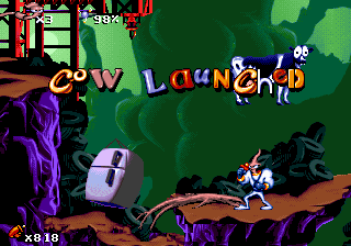Earthworm Jim 1 & 2: The Whole Can 'O Worms (DOS) screenshot: Cows abound here