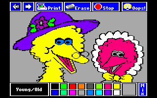 The Sesame Street Crayon: Opposites Attract (DOS) screenshot: Young/Old is colored (MCGA 256)