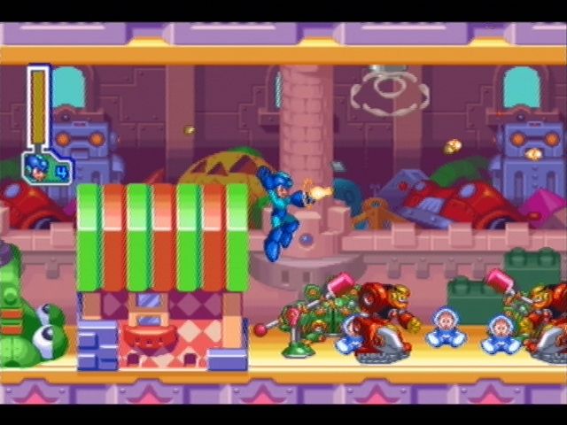 Mega Man: Anniversary Collection (PlayStation 2) screenshot: Clown Man's stage is full of toys