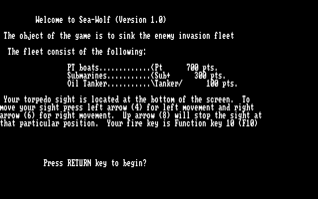 Seawolf (DOS) screenshot: Game instructions