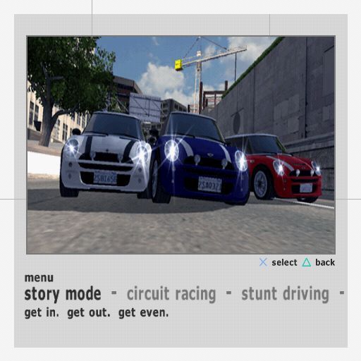 The Italian Job (PlayStation 2) screenshot: The main menu<br>The game modes are Story mode, Circuit Racing, Stunt Driving, Time Trial, Free Roam. There are also a Bonus Content and Options tabs