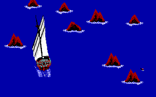 Sinbad and the Throne of the Falcon (DOS) screenshot: The ship wreck sequence, avoid the rocks and pick up survivors.