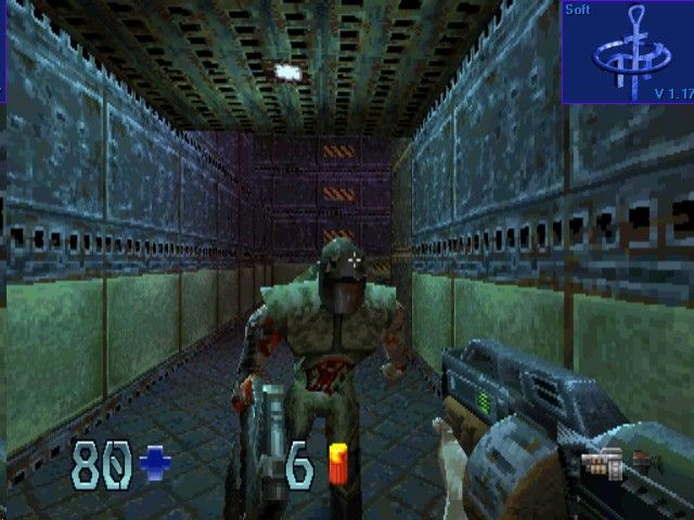 Quake II (PlayStation) screenshot: Face-to-face with a light guard in Outer Base