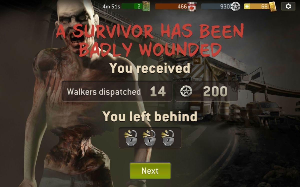 The Walking Dead: No Man's Land (Android) screenshot: This mission did not go too well.