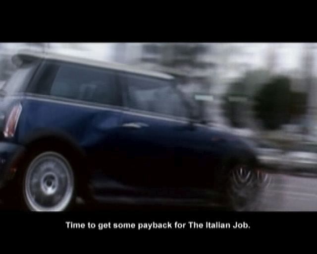 The Italian Job (PlayStation 2) screenshot: Each mission starts with a video sequence that mixes filmed and animated action to advance the story
