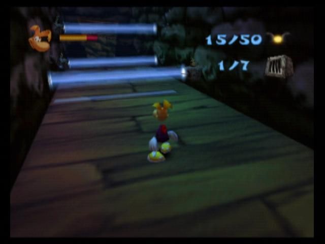 Rayman 2: The Great Escape (Nintendo 64) screenshot: These blue lasers can only mean trouble for Rayman