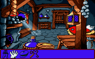 Once Upon a Time: Little Red Riding Hood (DOS) screenshot: Gathering the items to go hunting as Wolf...