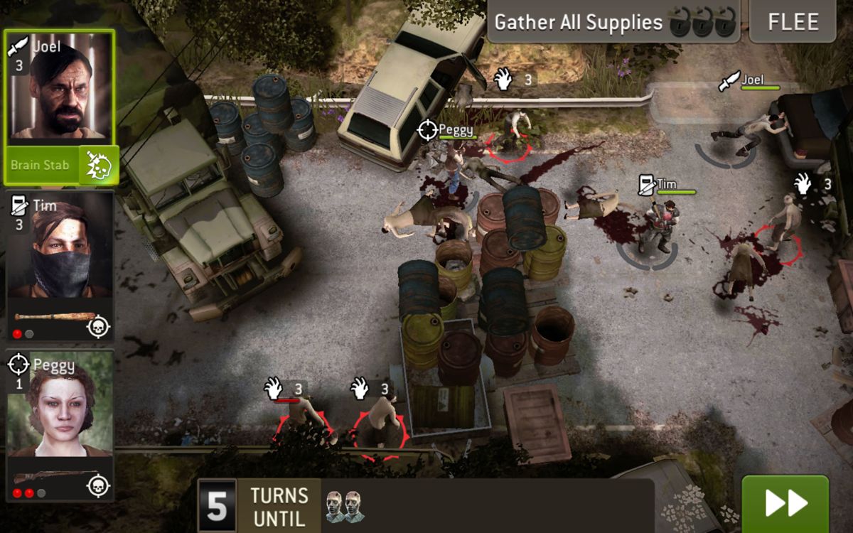 The Walking Dead: No Man's Land (Android) screenshot: A busy section with a walker wave countdown timer based on sound.