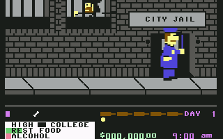 Rags to Riches (Commodore 64) screenshot: The police will throw you in jail if they catch you