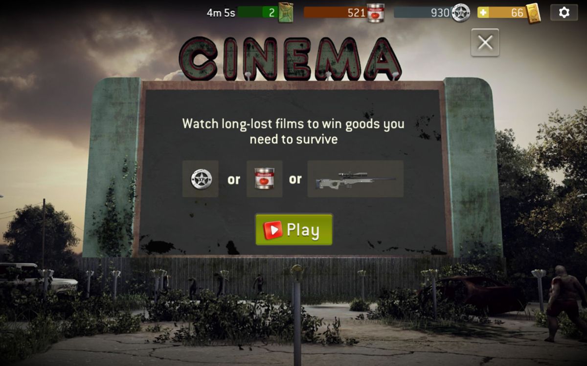 The Walking Dead: No Man's Land (Android) screenshot: Watch video advertisements in the cinema to receive bonuses.