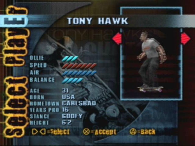 Tony Hawk's Pro Skater (PlayStation) screenshot: Skater select