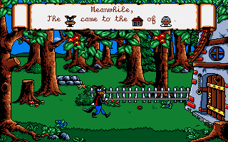 Once Upon a Time: Little Red Riding Hood (DOS) screenshot: Wolf is coming to Grandmother's house