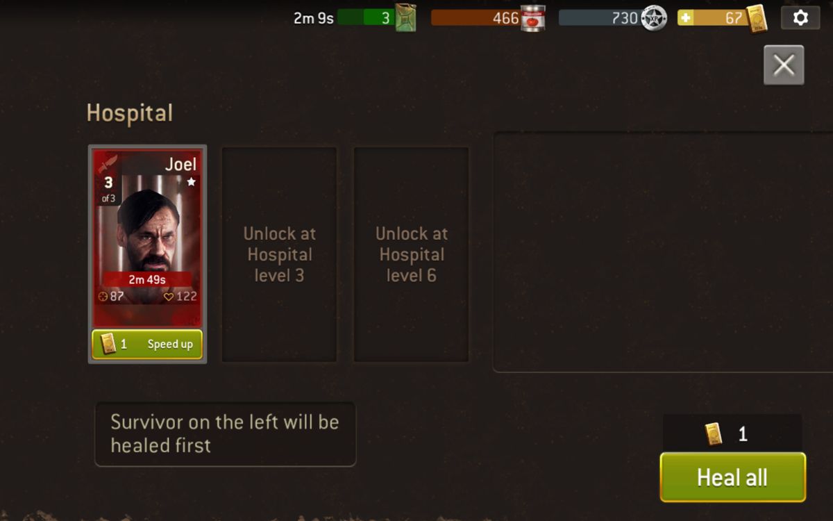 The Walking Dead: No Man's Land (Android) screenshot: Joel has been put in the hospital and it takes some time to have him healed.