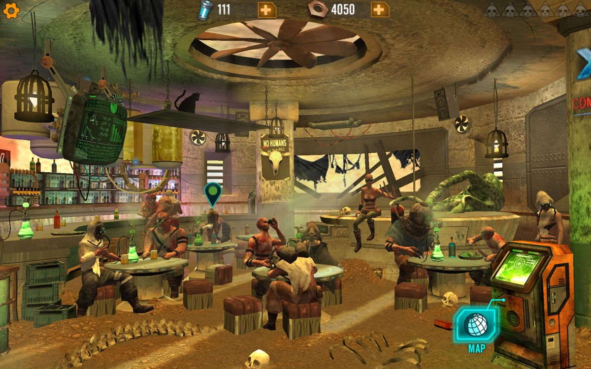 Sandstorm: Pirate Wars (Android) screenshot: Look for additional missions in taverns.