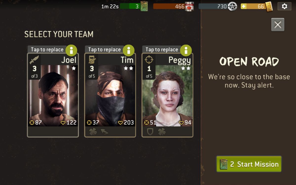 The Walking Dead: No Man's Land (Android) screenshot: Usually only two or three members can be taken along.