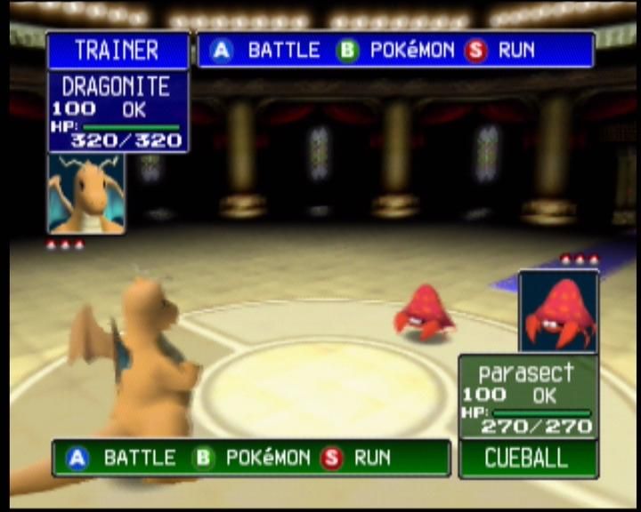 Pokémon Stadium (Nintendo 64) screenshot: Dragonite faces off against Parasect