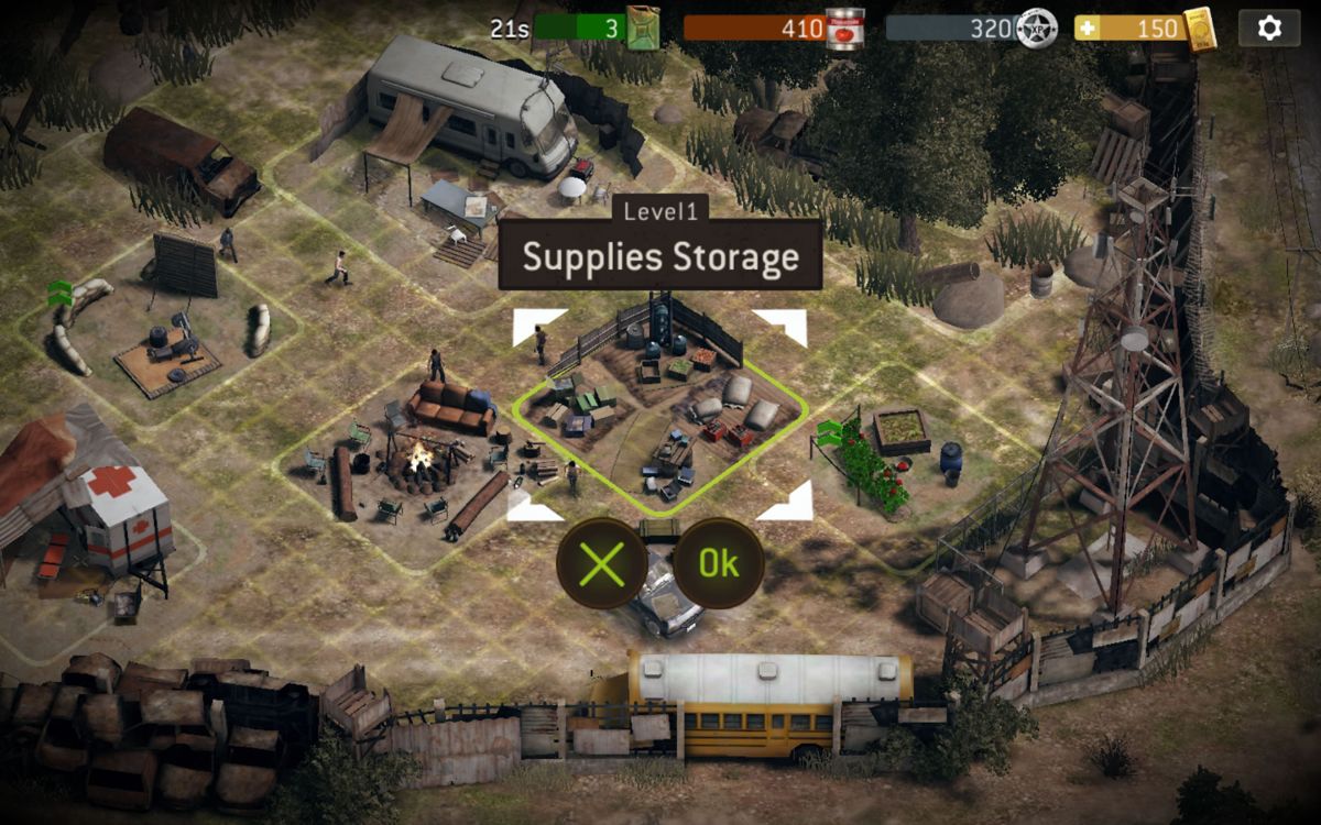 The Walking Dead: No Man's Land (Android) screenshot: Selected the location to build a storage for the supplies.