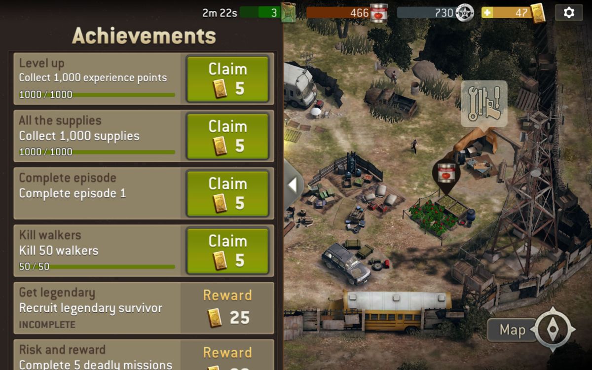 The Walking Dead: No Man's Land (Android) screenshot: Claim gold as a reward.