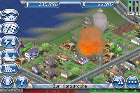 SimCity (iPhone) screenshot: A tornado hit my city.