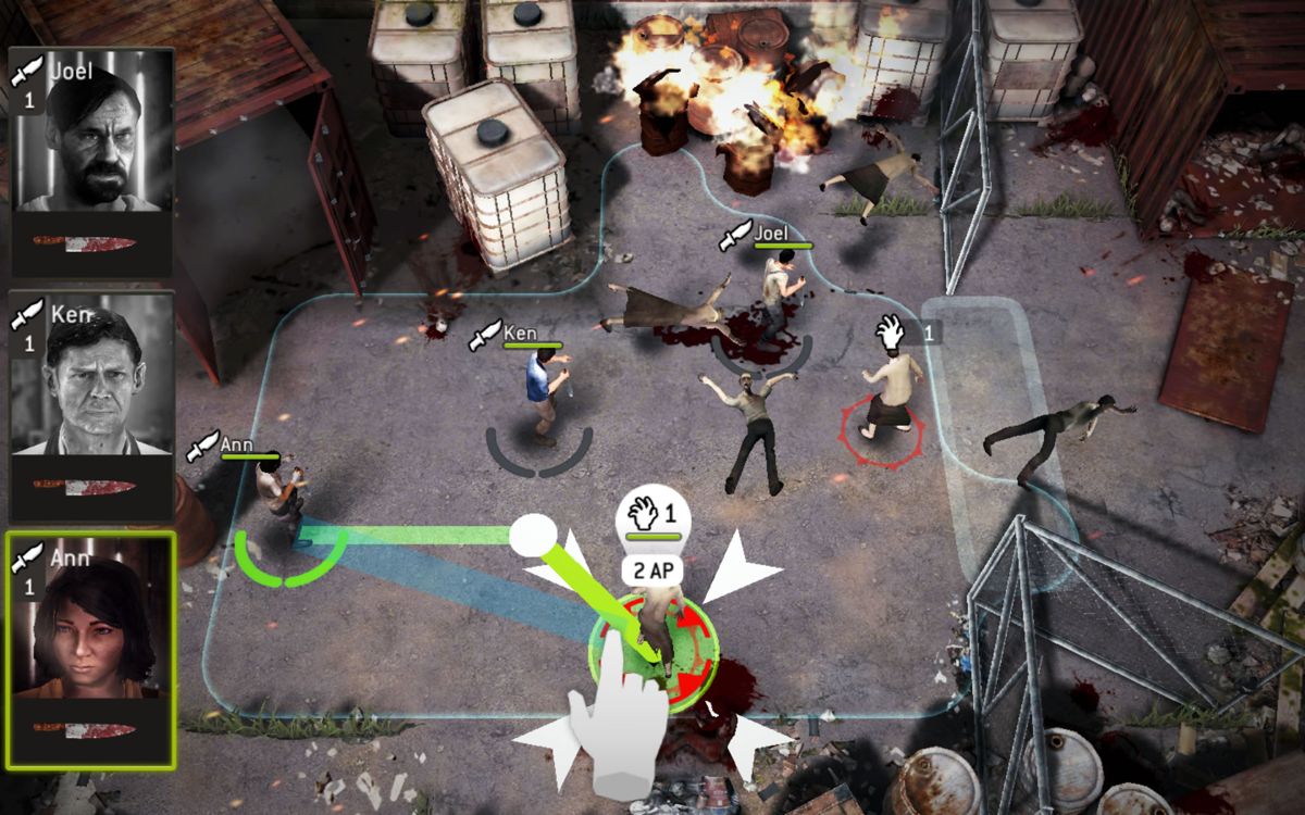 The Walking Dead: No Man's Land (Android) screenshot: The tutorial section of the game. A swipe shows movement and the amount of action points required to move and attack.