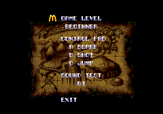 McDonald's Treasure Land Adventure (Genesis) screenshot: Main menu. Would you like a triple cheeseburger?..