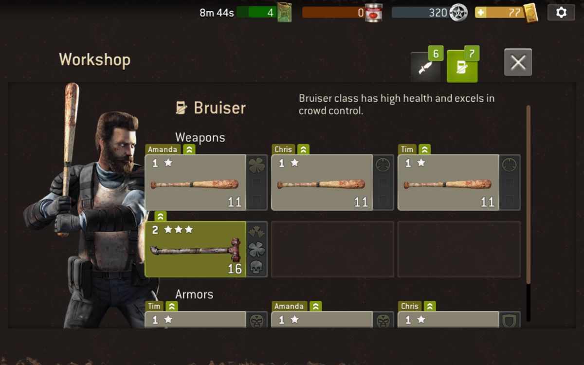 The Walking Dead: No Man's Land (Android) screenshot: Construct and upgrade weapons in the workshop.