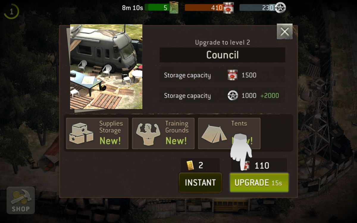 The Walking Dead: No Man's Land (Android) screenshot: The upgrade screen for the council.