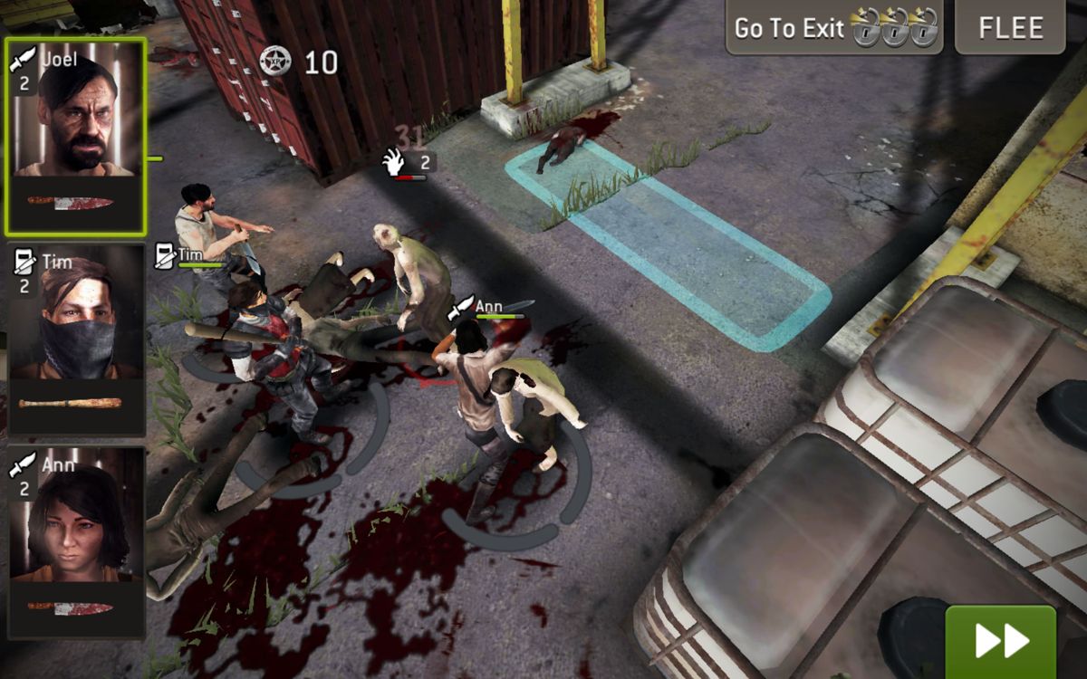 The Walking Dead: No Man's Land (Android) screenshot: Close up of a turn-based battle. The mission is won when the characters reach the blue area.