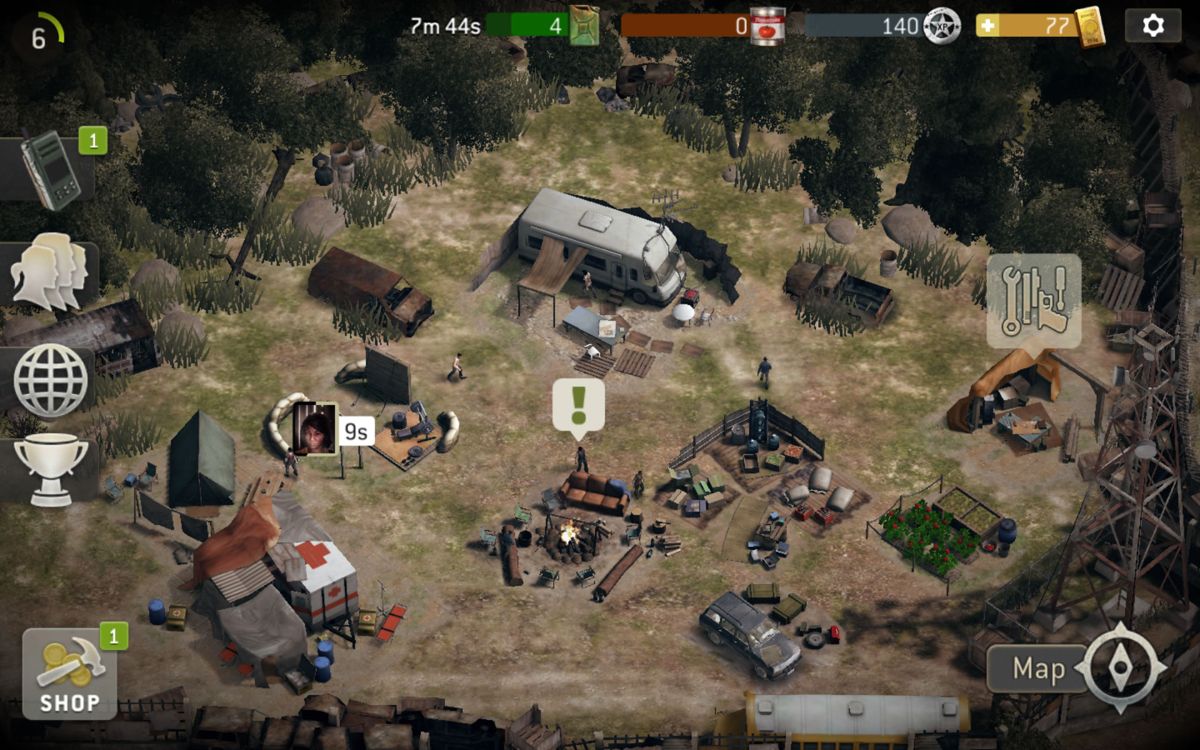 The Walking Dead: No Man's Land (Android) screenshot: The main camped, using a zoomed out view