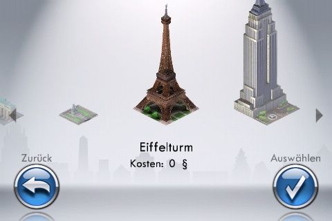 SimCity (iPhone) screenshot: Looking for a prestige building - they don't cost anything by default.