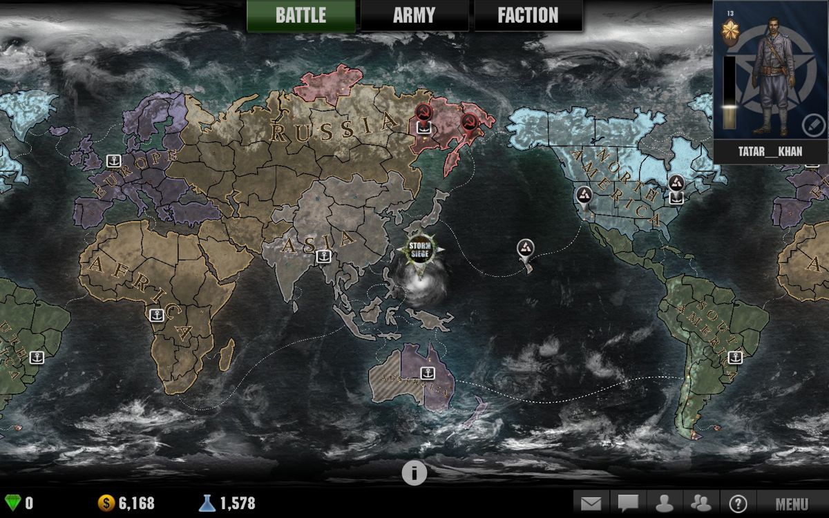 March of War: StormSiege (Windows) screenshot: Large Pin on World Map, selecting which will start StormSiege campaign. It appears even if DLC content is not installed. Clicking it will download DLC content if required.