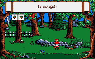Once Upon a Time: Little Red Riding Hood (DOS) screenshot: Collecting the nuts from the squirrels on the way to Grandmother's house...