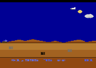 Chopper Hunt (Atari 8-bit) screenshot: I need to unbury and gather the oil drums.