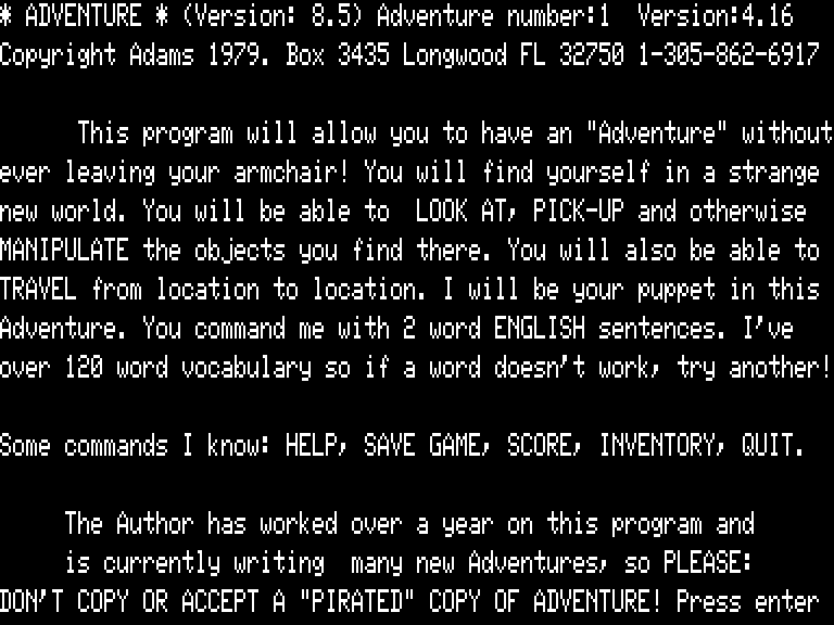Adventureland (TRS-80) screenshot: Adventure Engine Splash Screen--the "Don't Pirate" Message