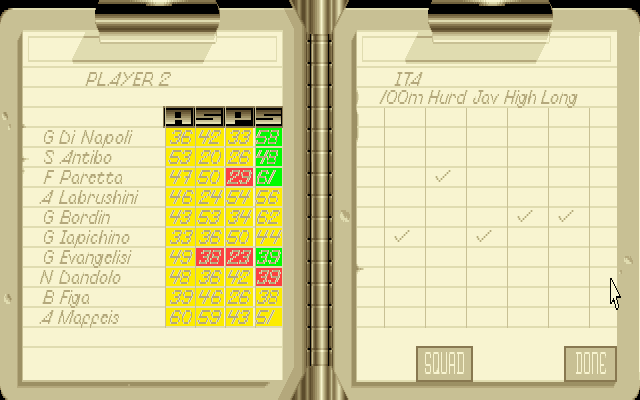 The Carl Lewis Challenge (DOS) screenshot: After training, determine who will compete in which event.