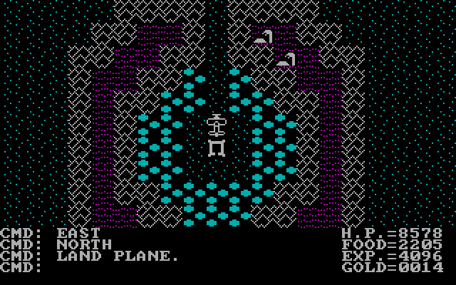 Ultima II: The Revenge of the Enchantress... (DOS) screenshot: Flying a bi-plane over Castle Shadow Guard (CGA with RGB monitor)